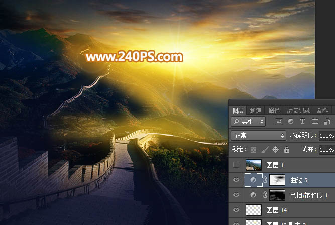 Photoshop给长城照片添加斜阳美景结果