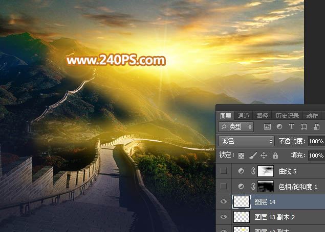 Photoshop给长城照片添加斜阳美景结果,图趣网