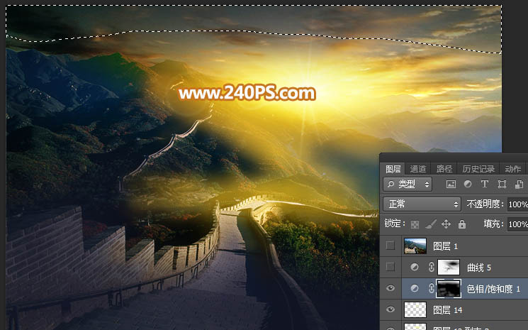 Photoshop给长城照片添加斜阳美景结果,图趣网