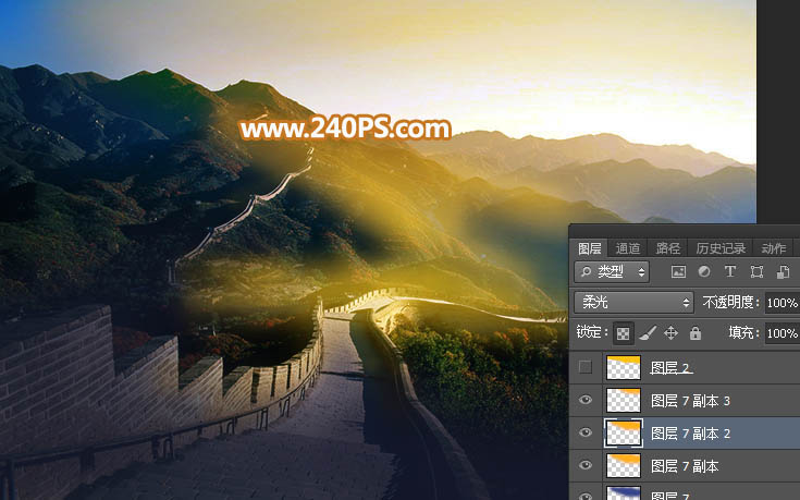 Photoshop给长城照片添加斜阳美景结果,图趣网