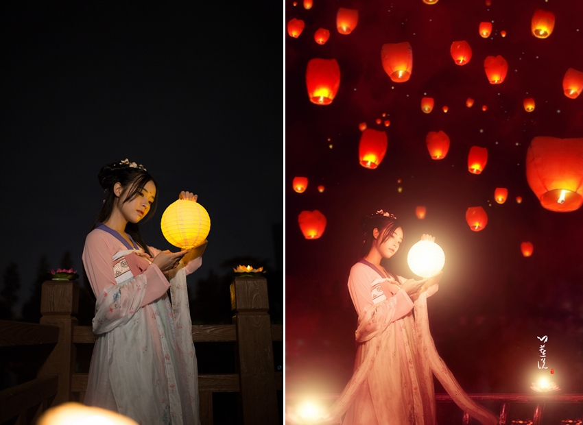 Photoshop快速的给夜景人像添加唯美孔明灯,图趣网