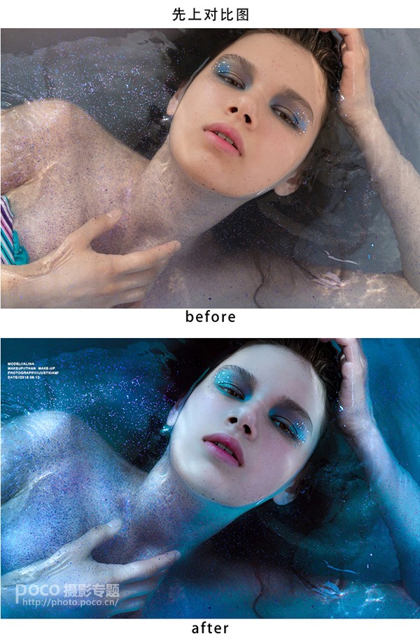 Photoshop调出蓝色唯美主题效果的水中模特,图趣网